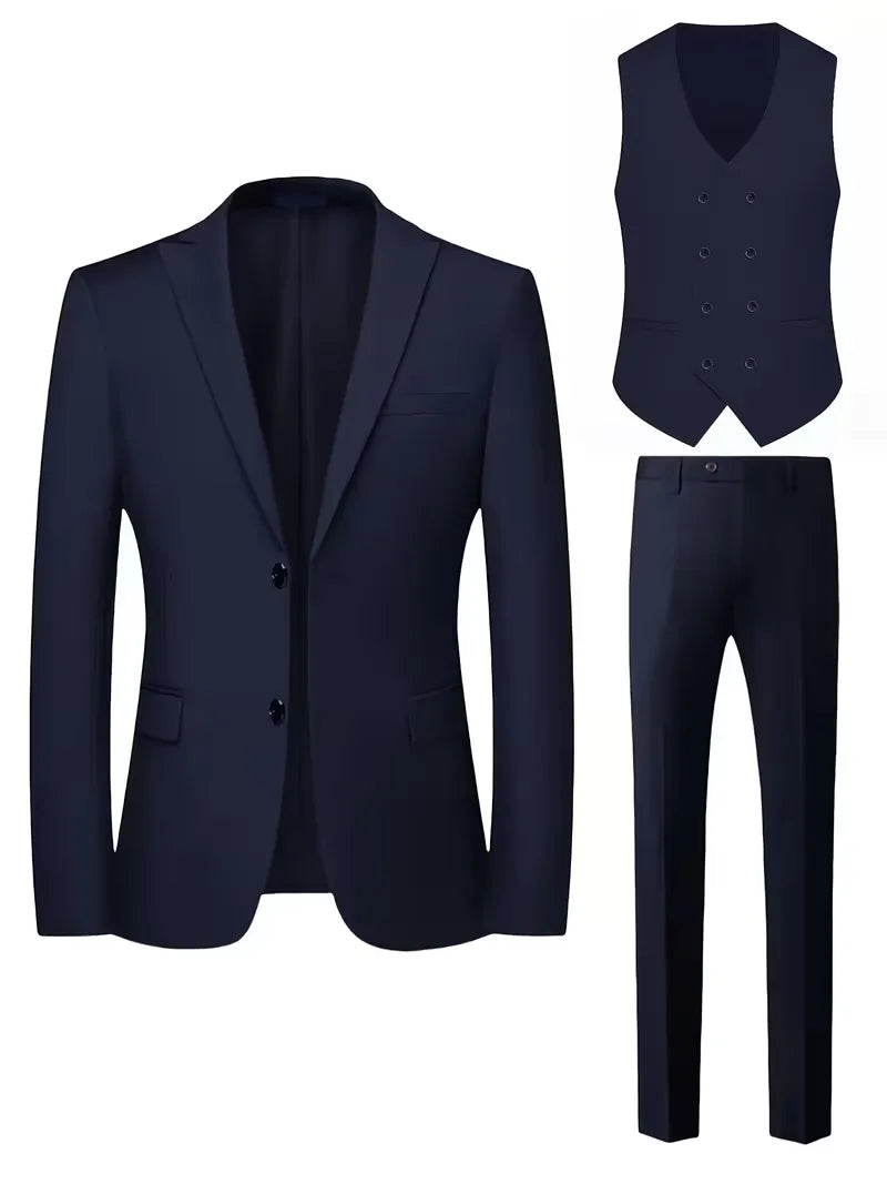 Slim Fit Double-Breasted Three-Piece Suit Set with Waistcoat for Men