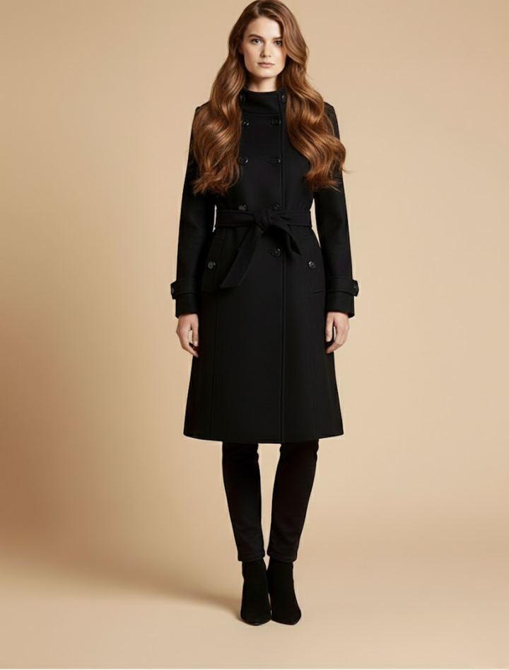 Women’s Long Coat – Double-Breasted, Mid-Length, Classic Collar