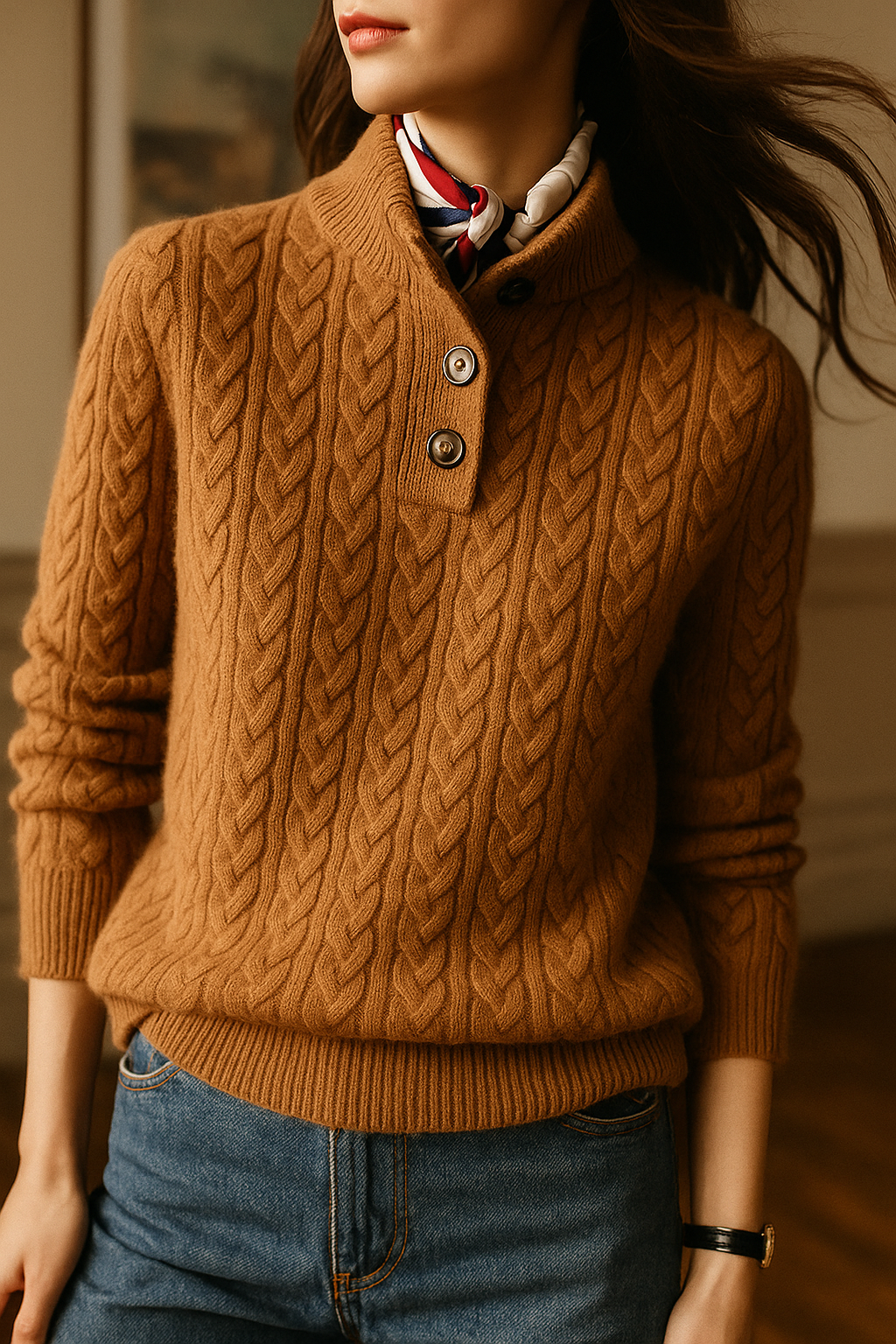 Women’s Cable-Knit Cashmere Sweater – Soft Wool Blend Pullover with Button-Up Stand Collar