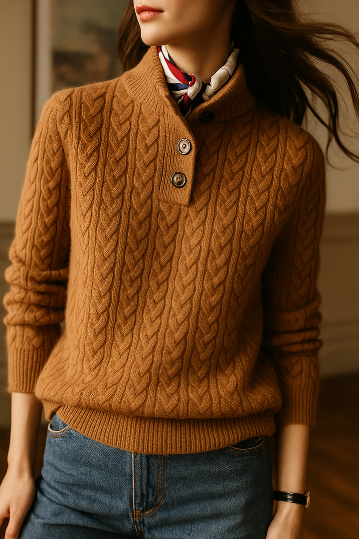 Women’s Cable-Knit Cashmere Sweater – Soft Wool Blend Pullover with Button-Up Stand Collar