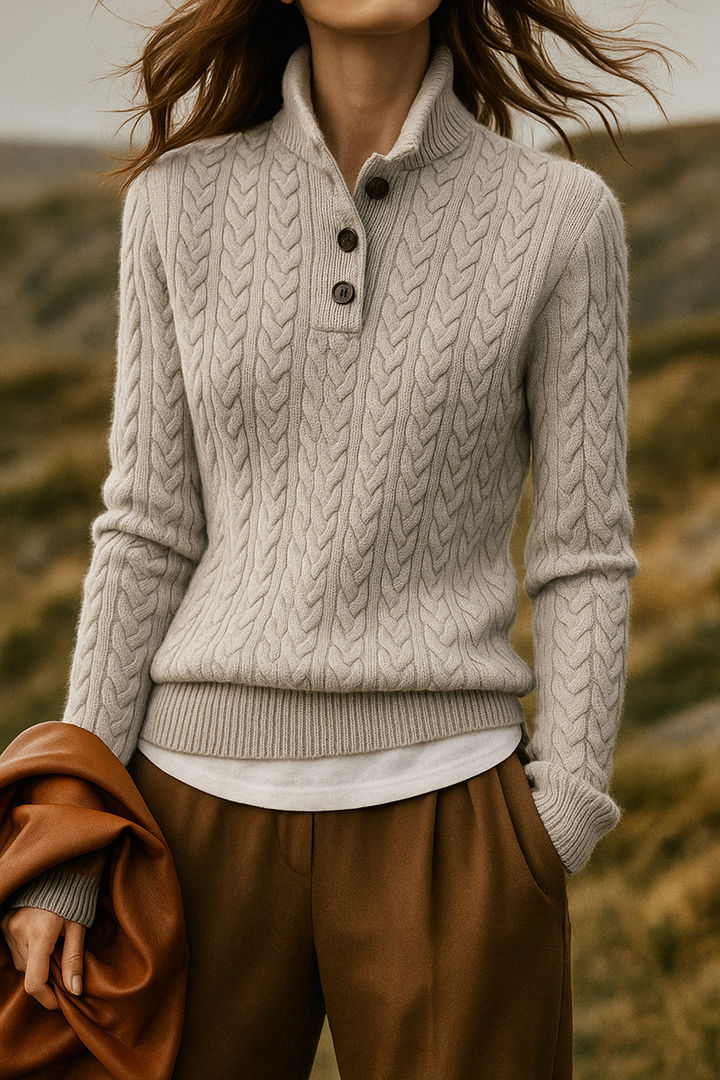 Women’s Cable-Knit Cashmere Sweater – Soft Wool Blend Pullover with Button-Up Stand Collar
