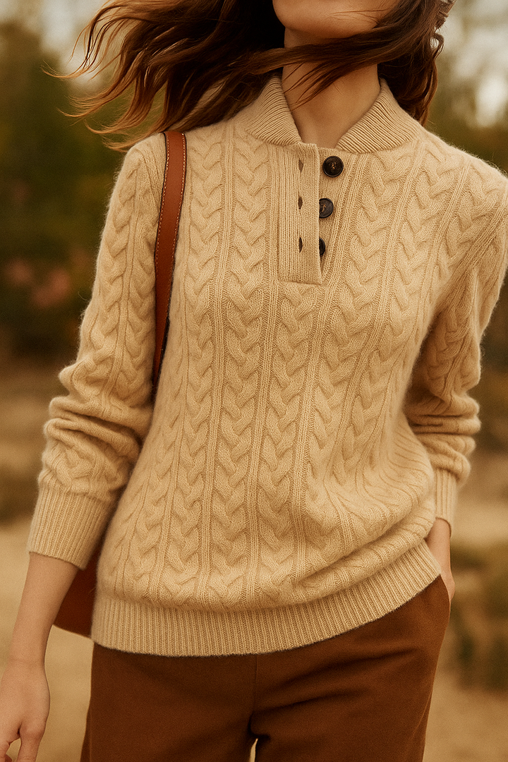 Women’s Cable-Knit Cashmere Sweater – Soft Wool Blend Pullover with Button-Up Stand Collar