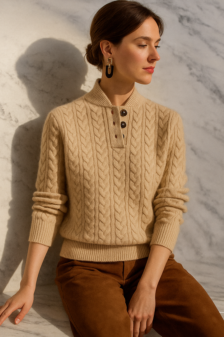 Women’s Cable-Knit Cashmere Sweater – Soft Wool Blend Pullover with Button-Up Stand Collar