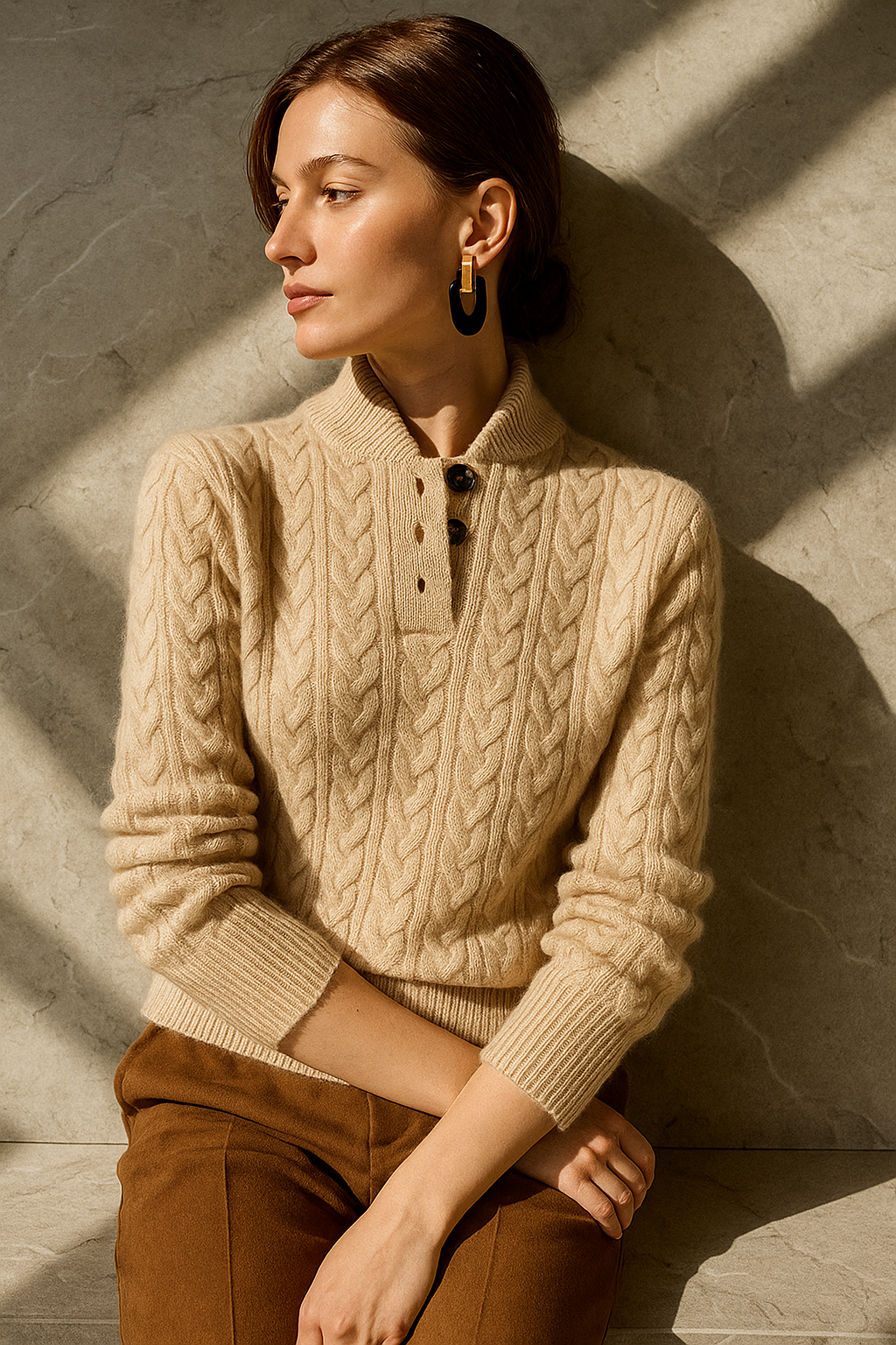 Women’s Cable-Knit Cashmere Sweater – Soft Wool Blend Pullover with Button-Up Stand Collar