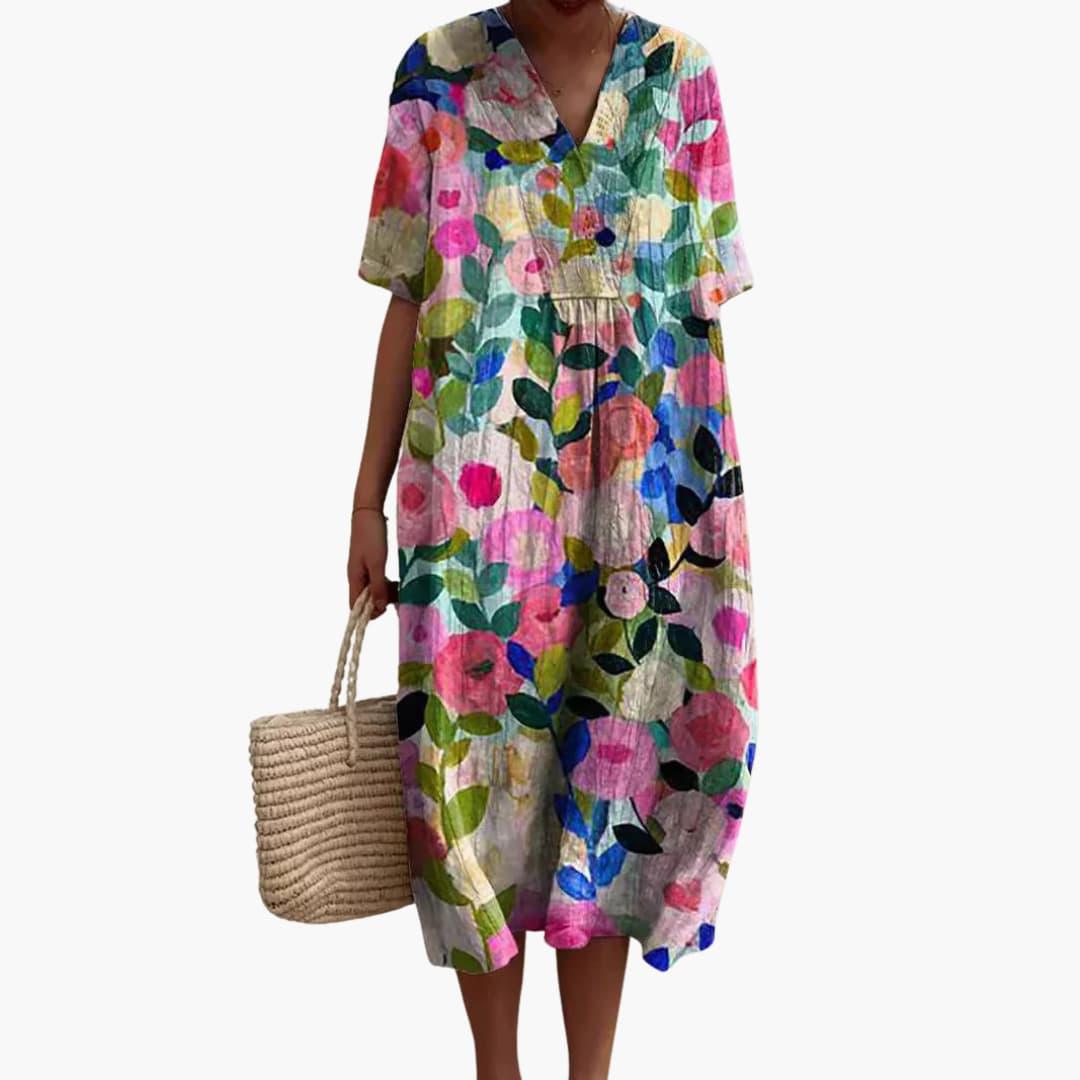 Women's Floral Midi Dress with V-Neck and Short Sleeves