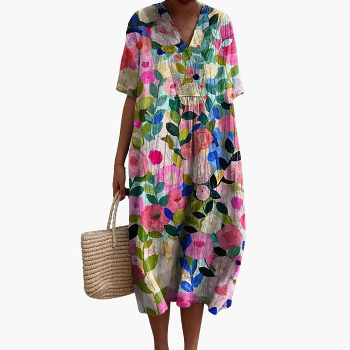 Women's Floral Midi Dress with V-Neck and Short Sleeves