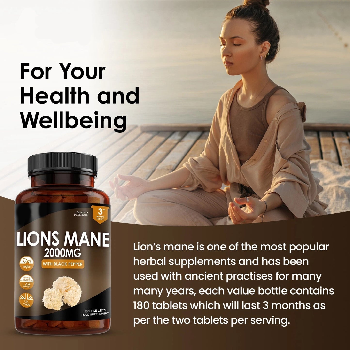 Lions Mane Mushroom 2000mg – 180 High Strength Tablets