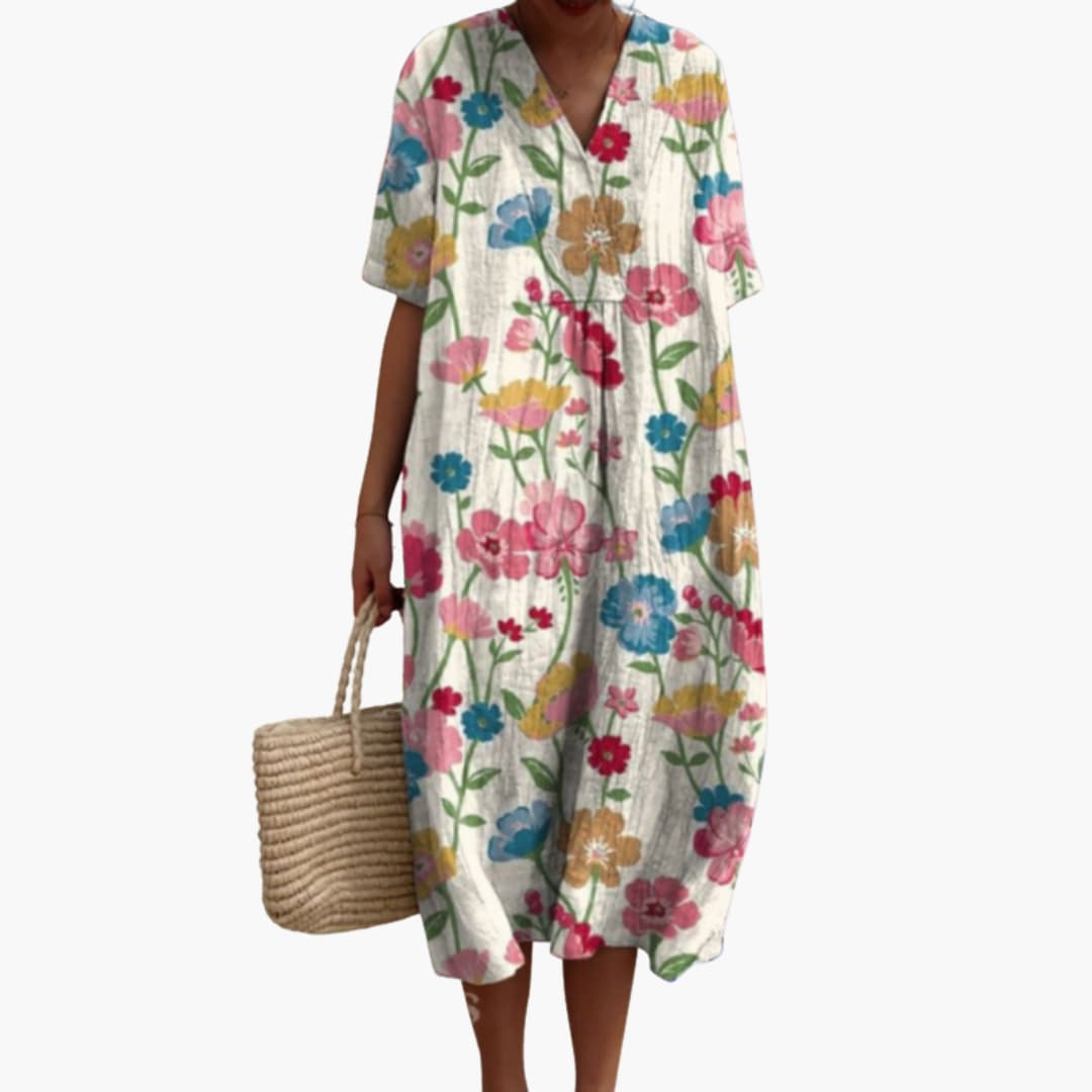 Women's Floral Midi Dress with V-Neck and Short Sleeves