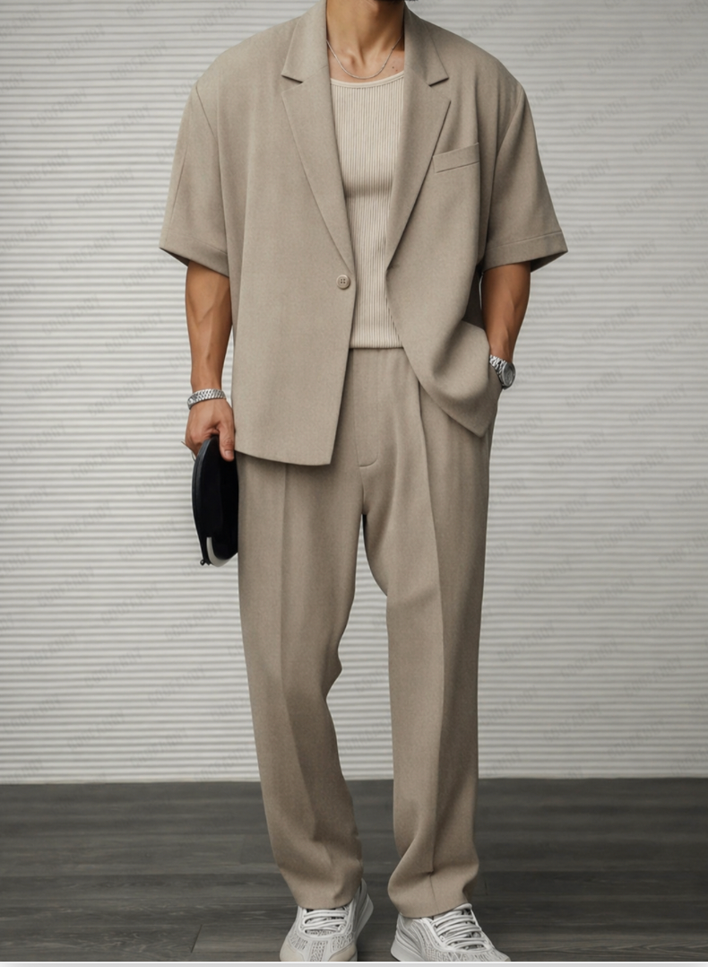 Men’s Short Sleeve Blazer and Trouser Set for Formal and Social Events