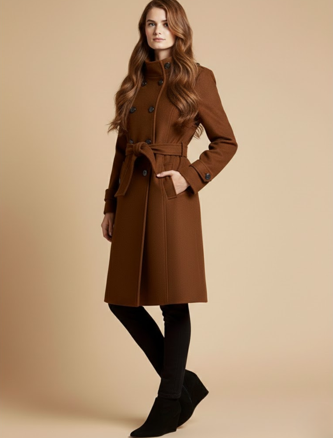 Women’s Long Coat – Double-Breasted, Mid-Length, Classic Collar