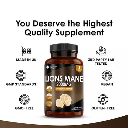 Lions Mane Mushroom 2000mg – 180 High Strength Tablets