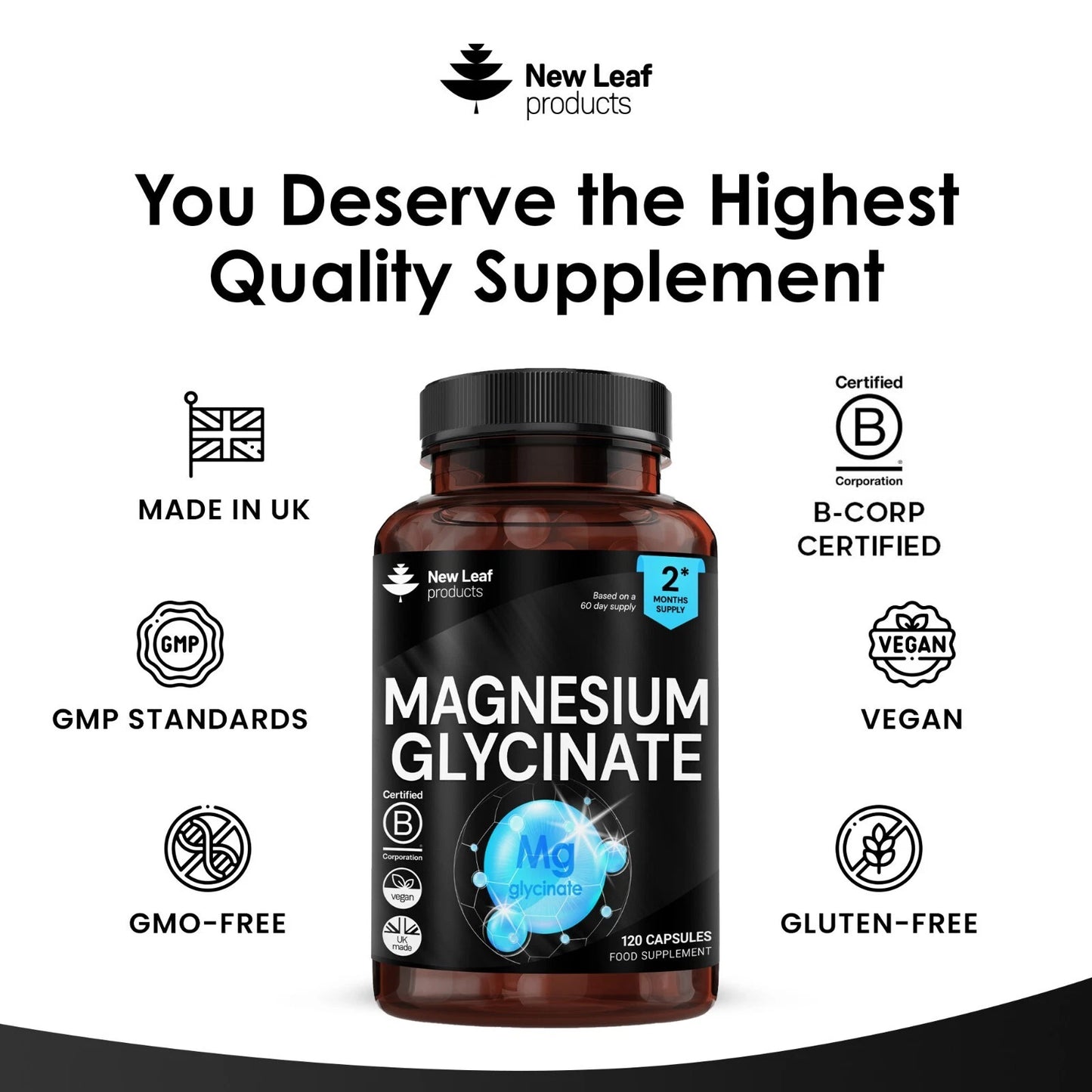Magnesium Glycinate Capsules High Strength 1040mg Fatigue Bone Health 120 caps
