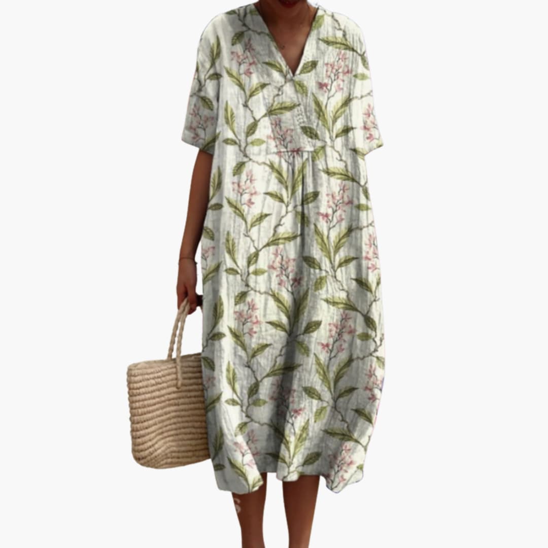 Women's Floral Midi Dress with V-Neck and Short Sleeves