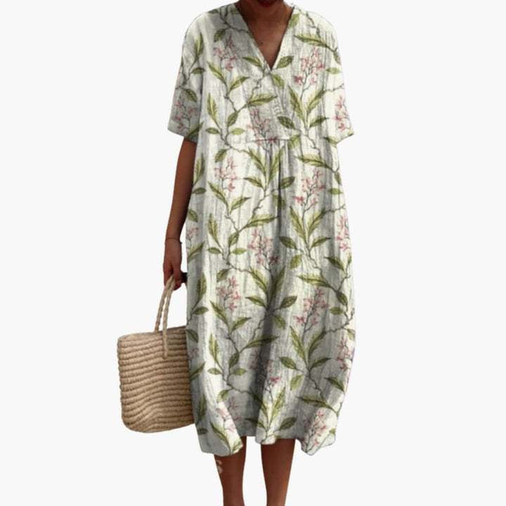 Women's Floral Midi Dress with V-Neck and Short Sleeves