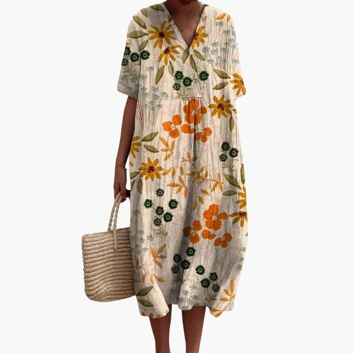 Women's Floral Midi Dress with V-Neck and Short Sleeves