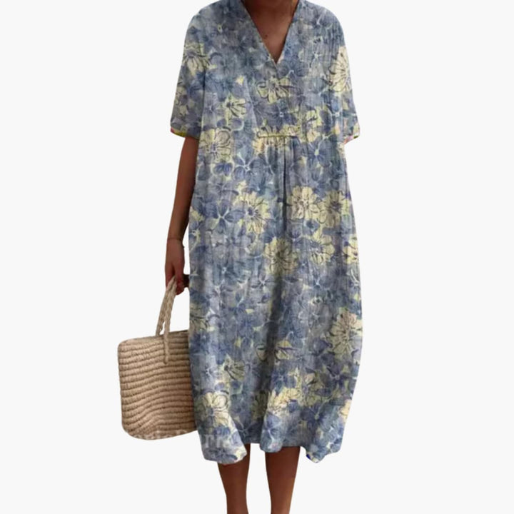 Women's Floral Midi Dress with V-Neck and Short Sleeves