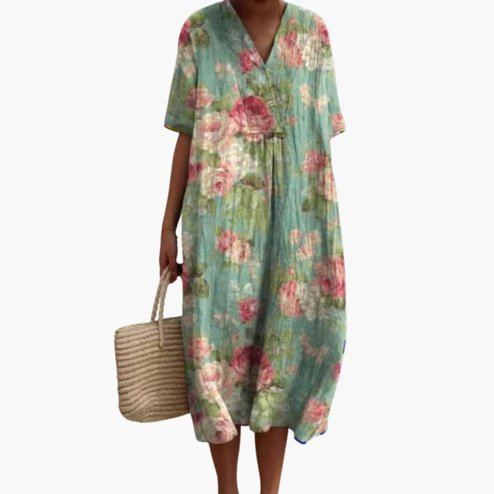 Women's Floral Midi Dress with V-Neck and Short Sleeves