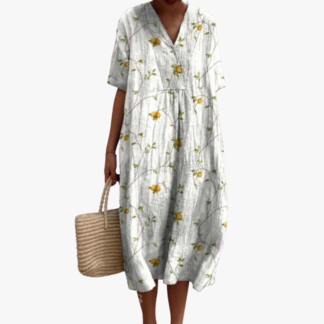 Women's Floral Midi Dress with V-Neck and Short Sleeves