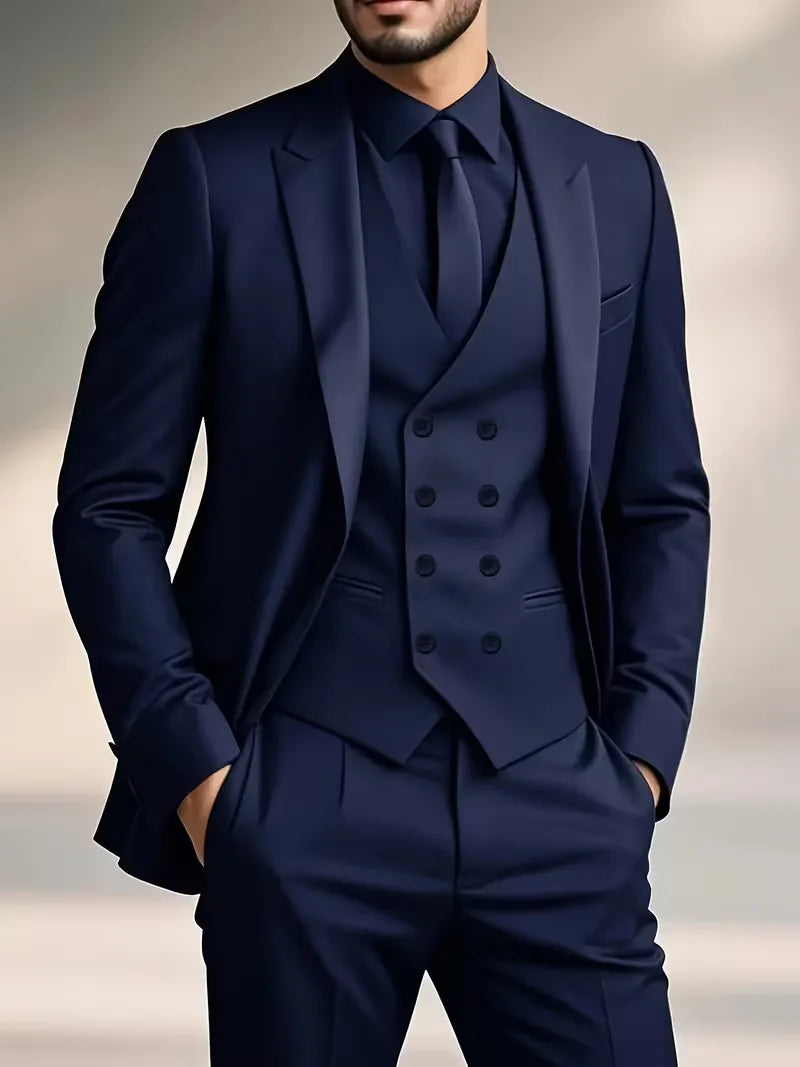 Slim Fit Double-Breasted Three-Piece Suit Set with Waistcoat for Men