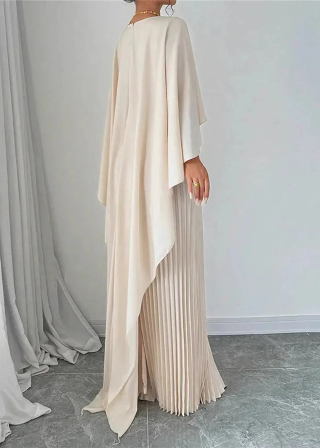 Bonnie | Women’s Wedding Guest Pleated Cape Maxi Dress