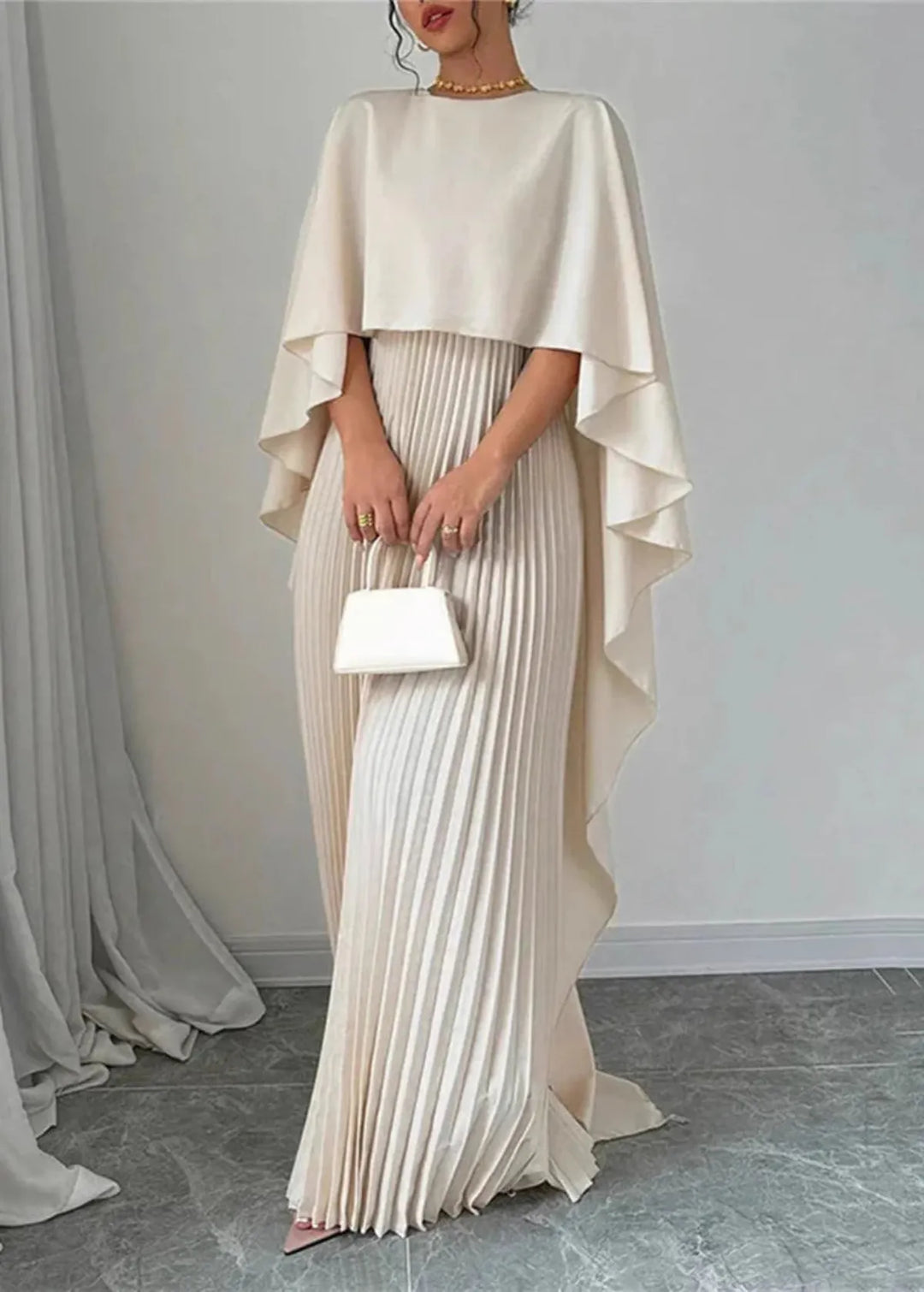 Bonnie | Women’s Wedding Guest Pleated Cape Maxi Dress