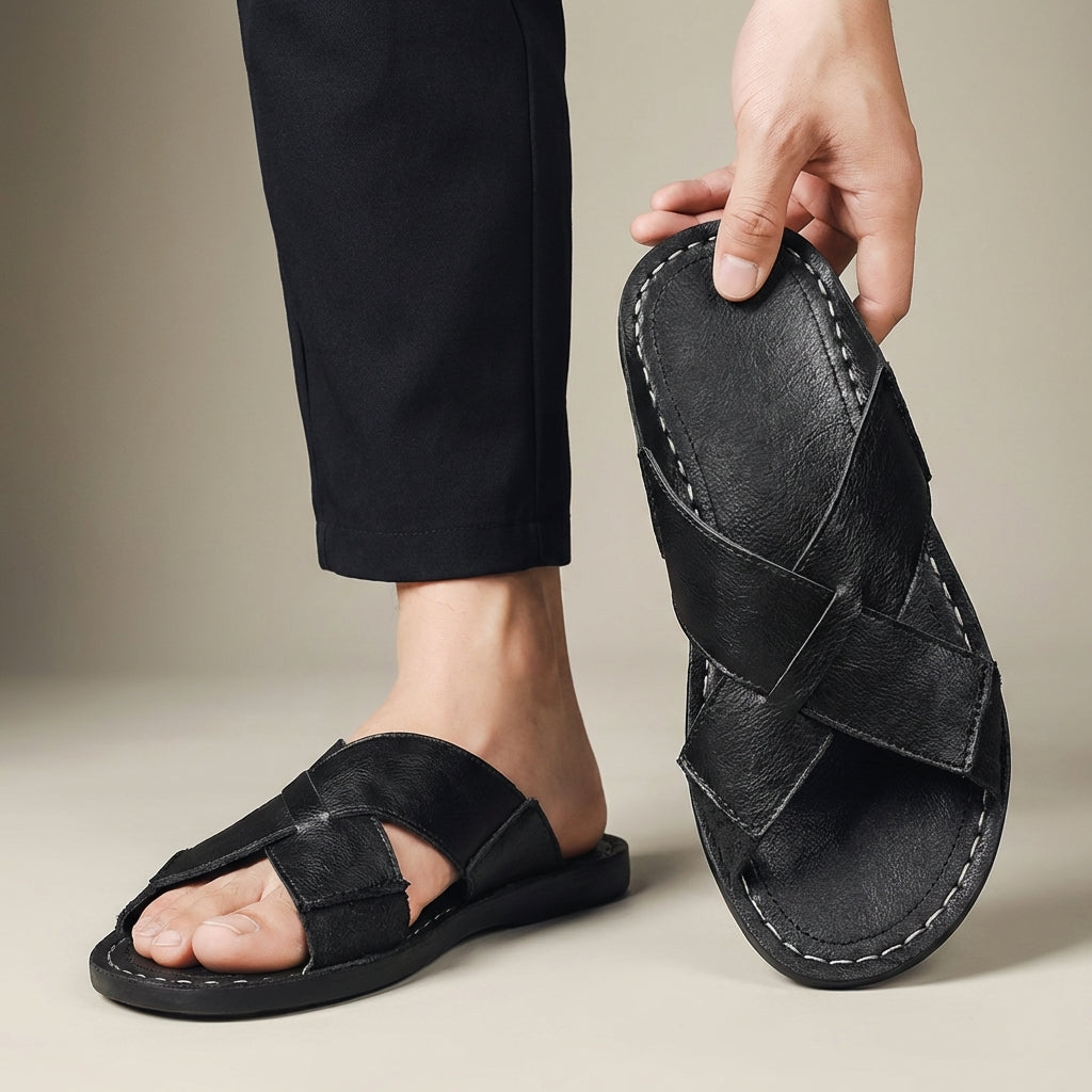 Men's Slide Sandals - Open Toe Cross-Strap Slip-On - Flat Sole - Topstitched Footbed