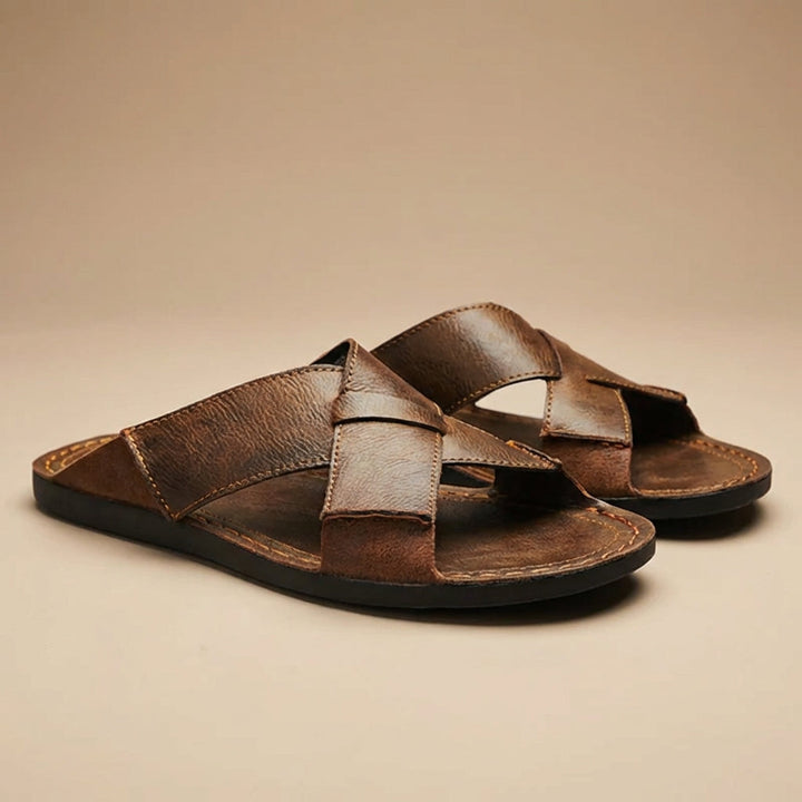 Men's Slide Sandals - Open Toe Cross-Strap Slip-On - Flat Sole - Topstitched Footbed
