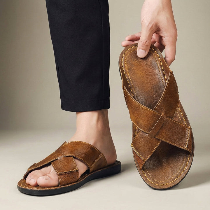 Men's Slide Sandals - Open Toe Cross-Strap Slip-On - Flat Sole - Topstitched Footbed