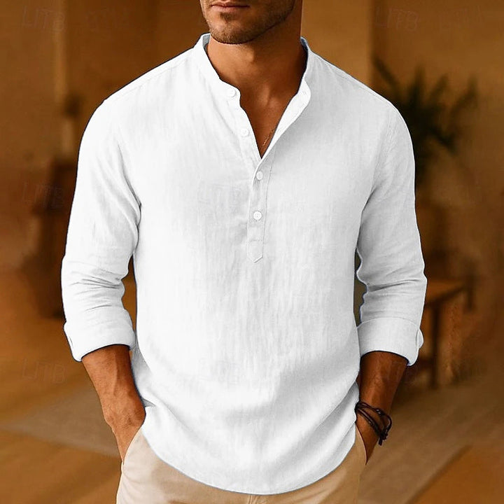 Men's linen Henley Shirt with Long Sleeves & Button-Down Placket Versatile Style for Everyday Wear