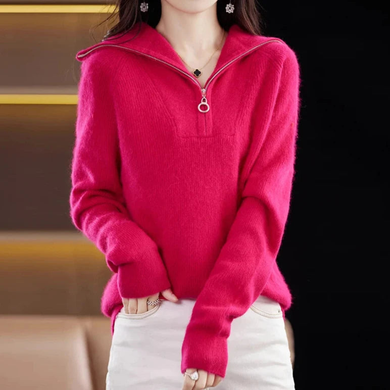 Half-Zip Wool Sweater for Women – Soft Mink-Effect Knit with Standard Fit for Comfortable Everyday Wear