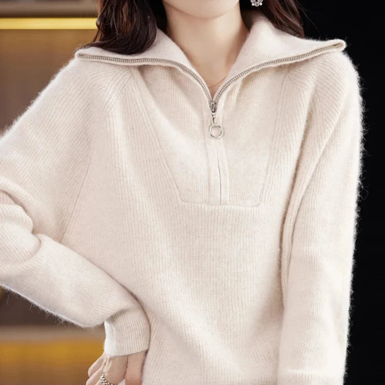 Half-Zip Wool Sweater for Women – Soft Mink-Effect Knit with Standard Fit for Comfortable Everyday Wear
