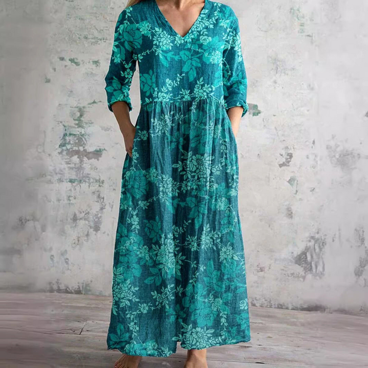 Women's Summer Dress with V-Neck and Floral Pattern