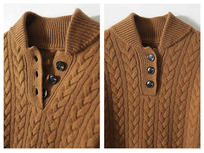 Women’s Cable-Knit Cashmere Sweater – Soft Wool Blend Pullover with Button-Up Stand Collar