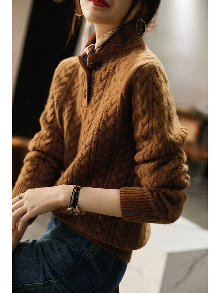 Women’s Cable-Knit Cashmere Sweater – Soft Wool Blend Pullover with Button-Up Stand Collar