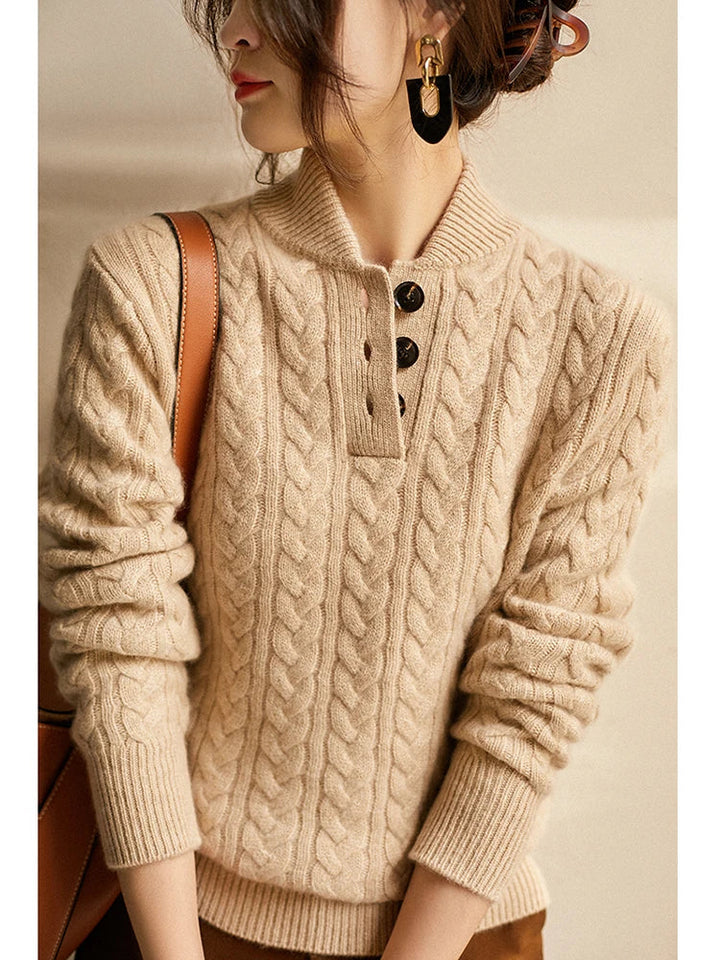 Women’s Cable-Knit Cashmere Sweater – Soft Wool Blend Pullover with Button-Up Stand Collar