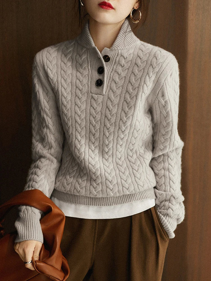 Women’s Cable-Knit Cashmere Sweater – Soft Wool Blend Pullover with Button-Up Stand Collar