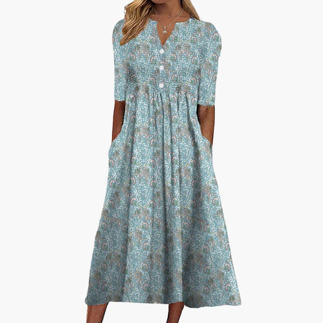 Wedding Guest Midi Dress Women – Floral V-Neck with Buttons
