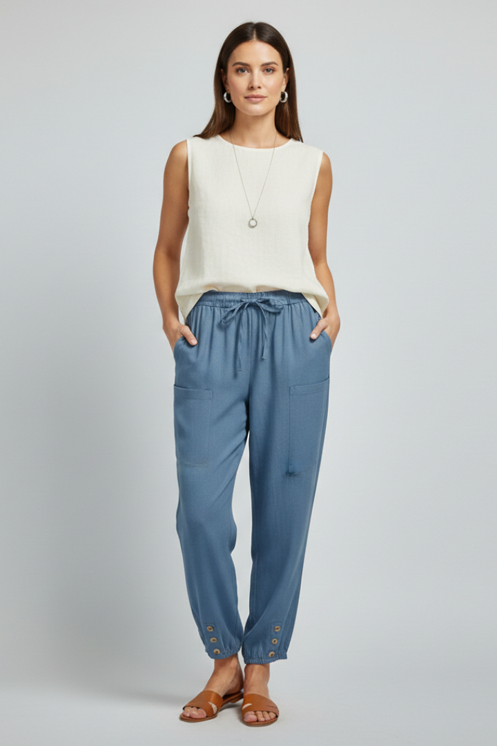 Amelia | Women’s Trousers with Drawstring Waist and Button Hem