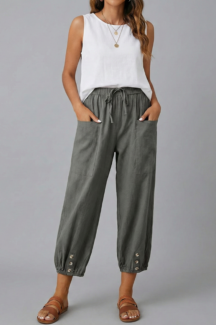 Amelia | Women’s Trousers with Drawstring Waist and Button Hem