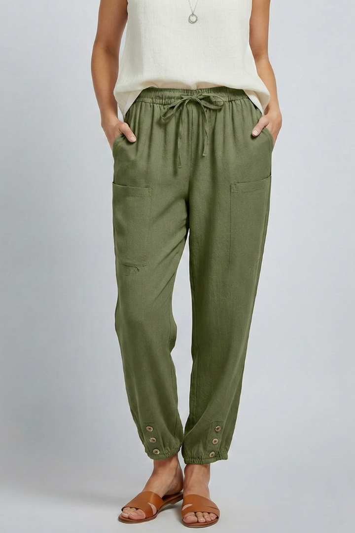 Amelia | Women’s Trousers with Drawstring Waist and Button Hem