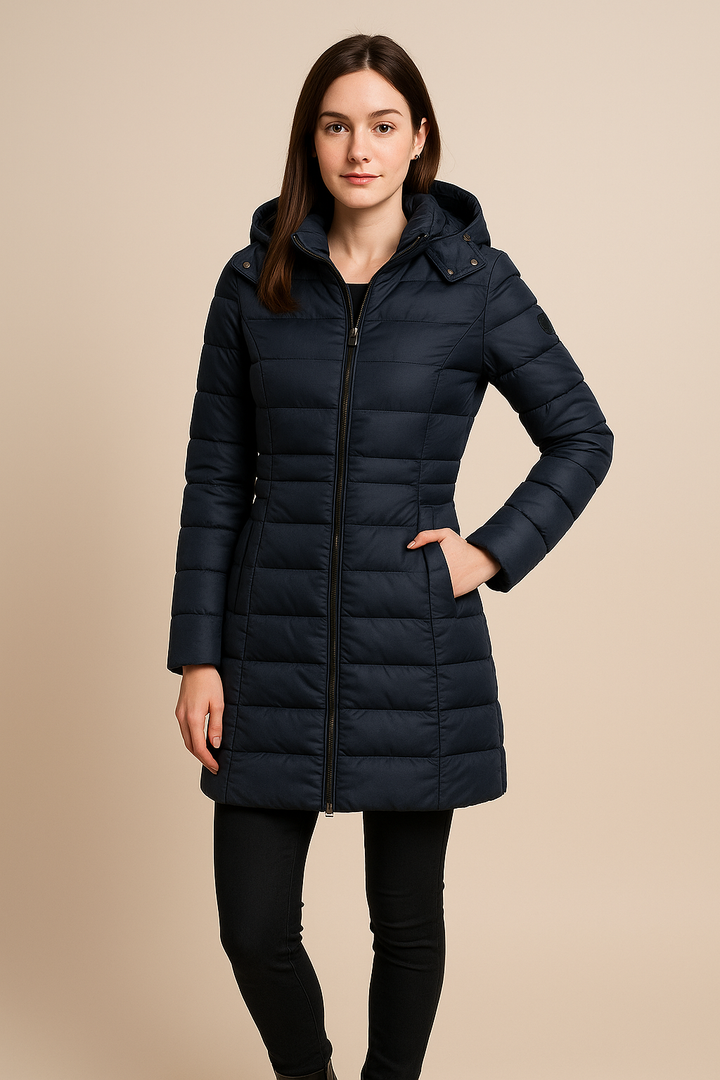 Women’s Long Quilted Puffer Jacket with Detachable Hood – Slim Fit Winter Coat