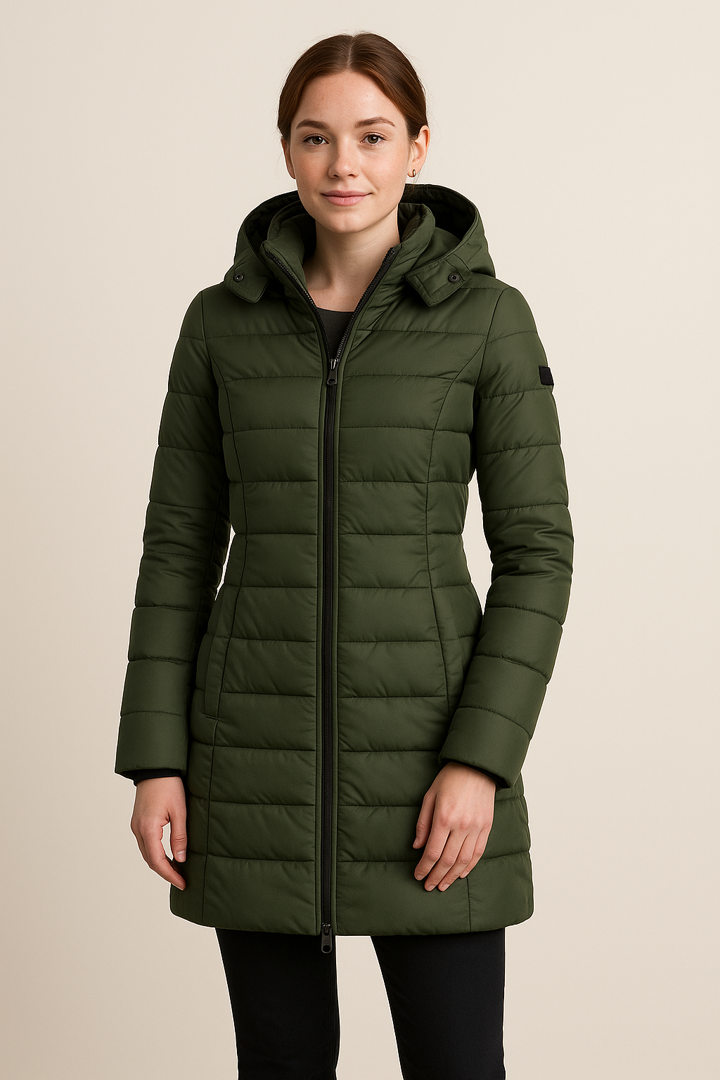 Women’s Long Quilted Puffer Jacket with Detachable Hood – Slim Fit Winter Coat