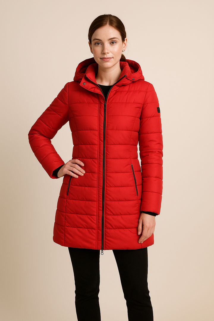 Women’s Long Quilted Puffer Jacket with Detachable Hood – Slim Fit Winter Coat
