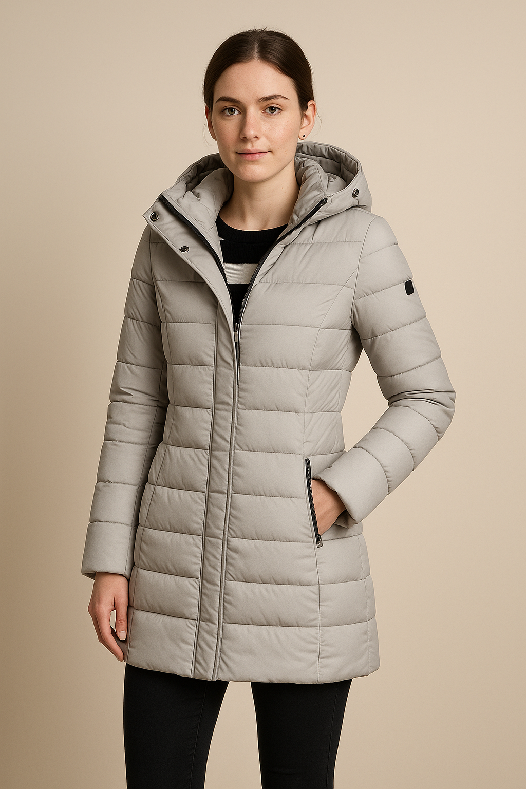 Women’s Long Quilted Puffer Jacket with Detachable Hood – Slim Fit Winter Coat