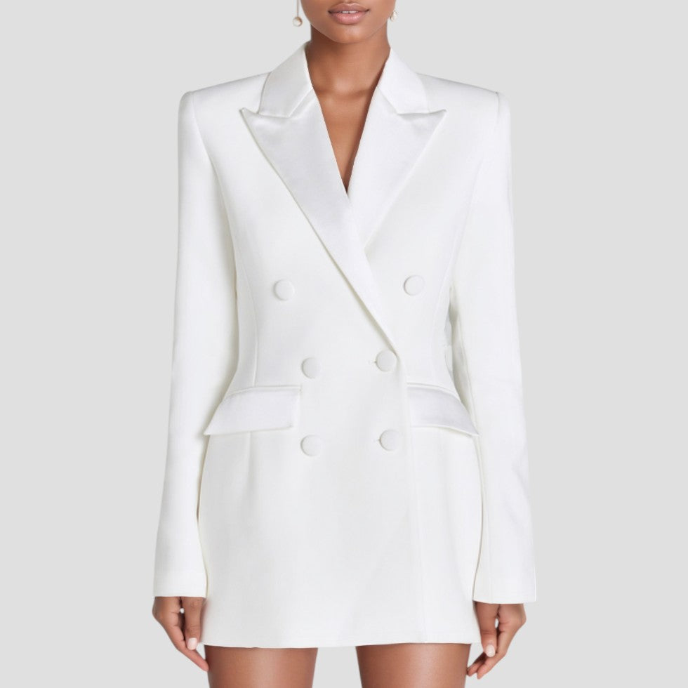 Women’s Double-Breasted Blazer Dress with Satin Lapel – Elegant Evening & Workwear