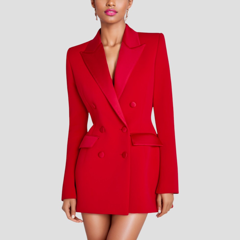 Women’s Double-Breasted Blazer Dress with Satin Lapel – Elegant Evening & Workwear