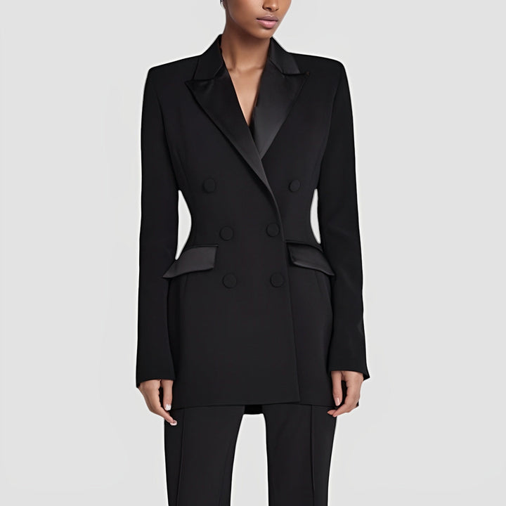 Women’s Double-Breasted Blazer Dress with Satin Lapel – Elegant Evening & Workwear