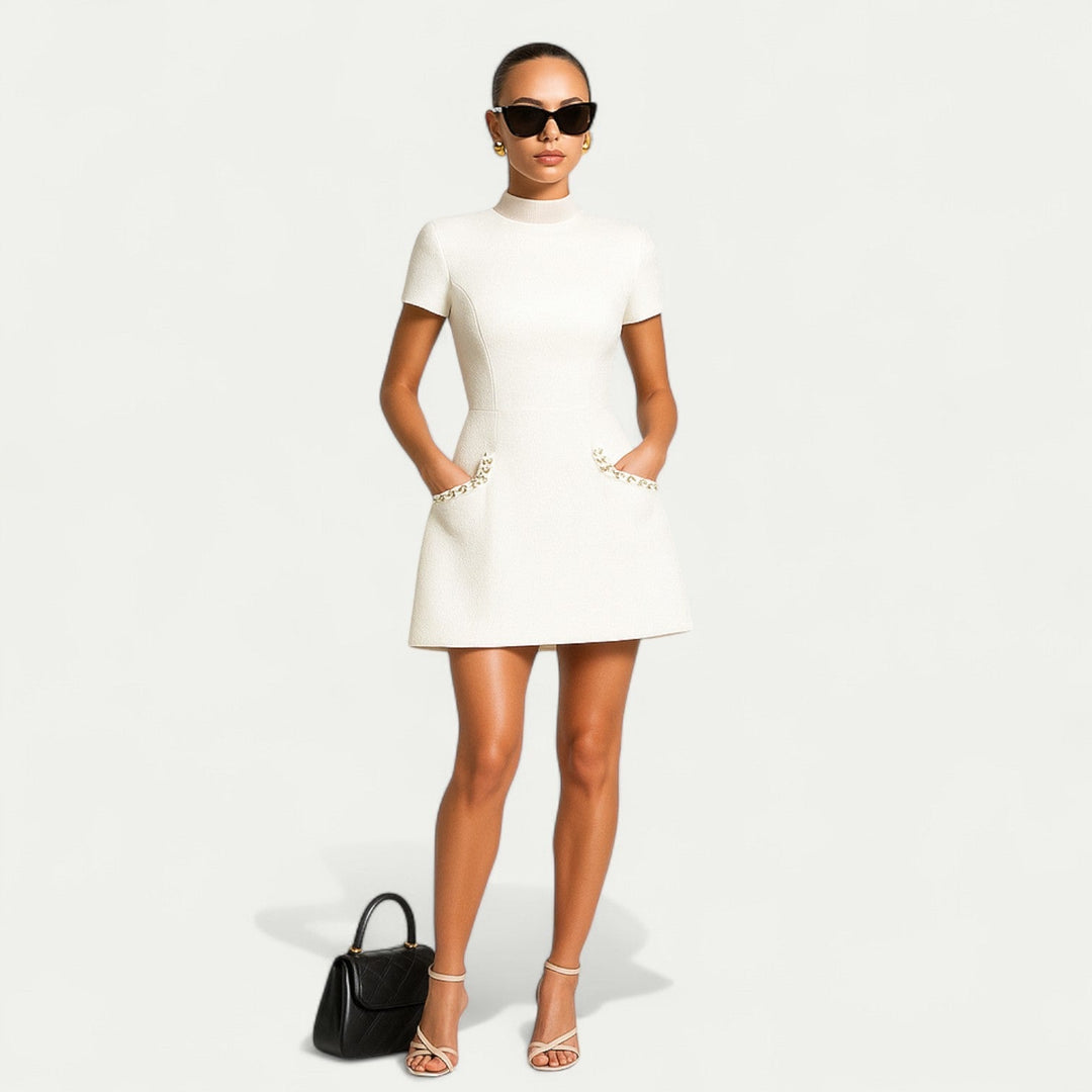 Women’s Mini Dress with Pearl Trim and Pocket Detailing – Spring, Summer