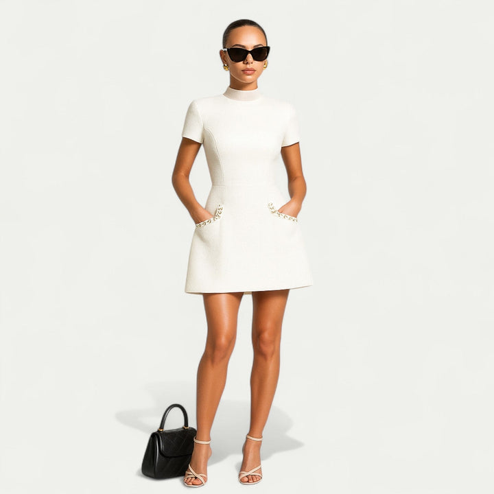 Women’s Mini Dress with Pearl Trim and Pocket Detailing – Spring, Summer