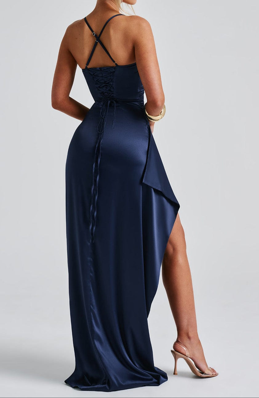Women’s Navy Blue Evening Maxi Dress – Spaghetti Strap, High Slit, Ruched Waist